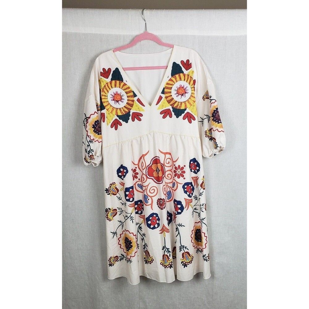 SHEIN Dress Womens‎ XL Boho Floral Print Puff Sleeve V Neck Multicolor Festival